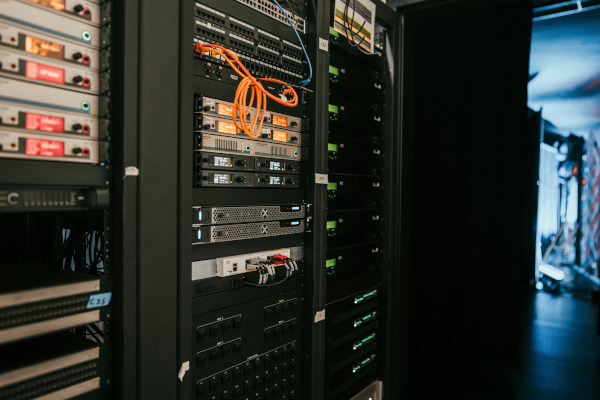 Racks of computer equipment in a server room